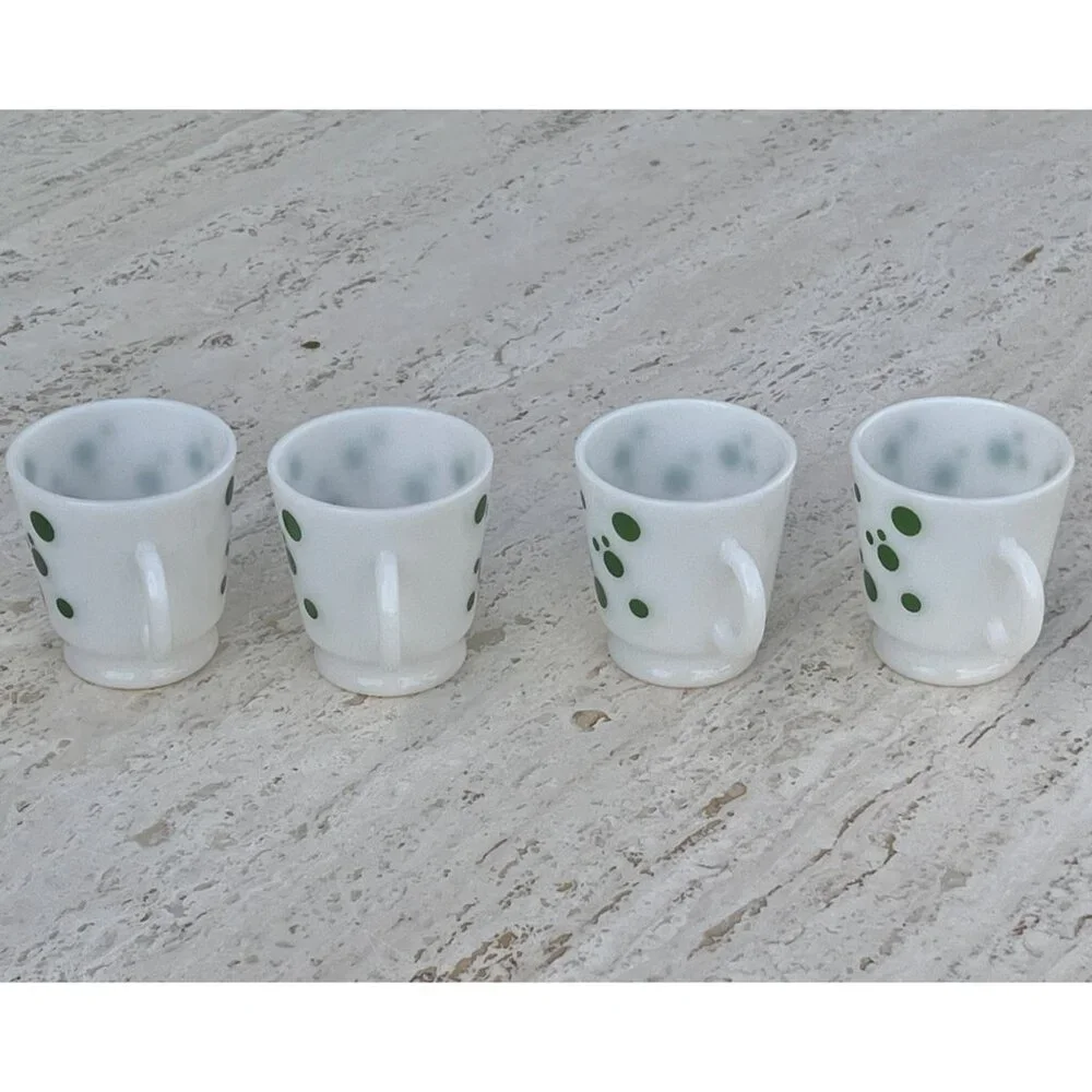 Hazel Atlas Milk Glass Footed Mugs Set Of 4 Green Polka Dot MCM Logo Retro Gift